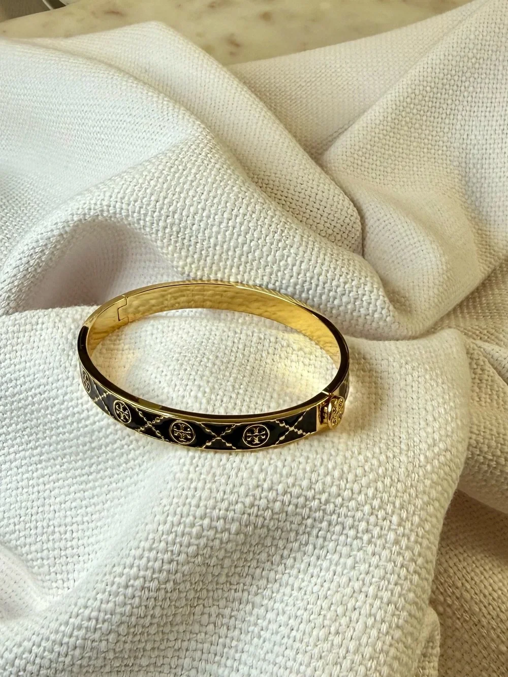 Tory Burch Gold and Black Enamel Bangle Bracelet